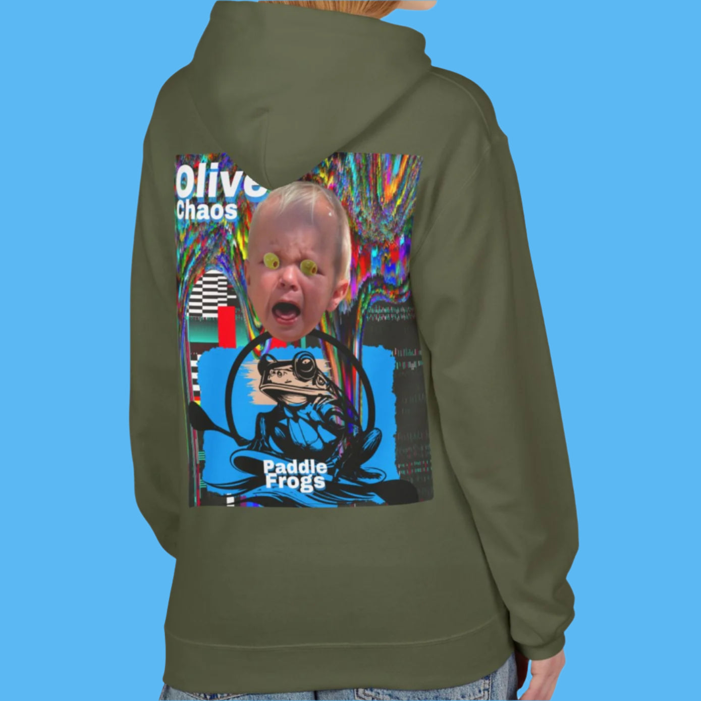 Olive Chaos Fleece Hoodie Jacket by Paddle Frogs Cozy with Pockets Color Camo Olive Green Backside
