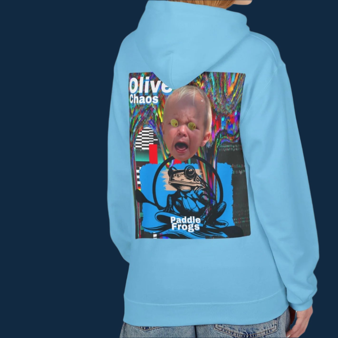 Olive Chaos Fleece Hoodie Jacket by Paddle Frogs Cozy with Pockets Cute comfortable Blue Backside of coat