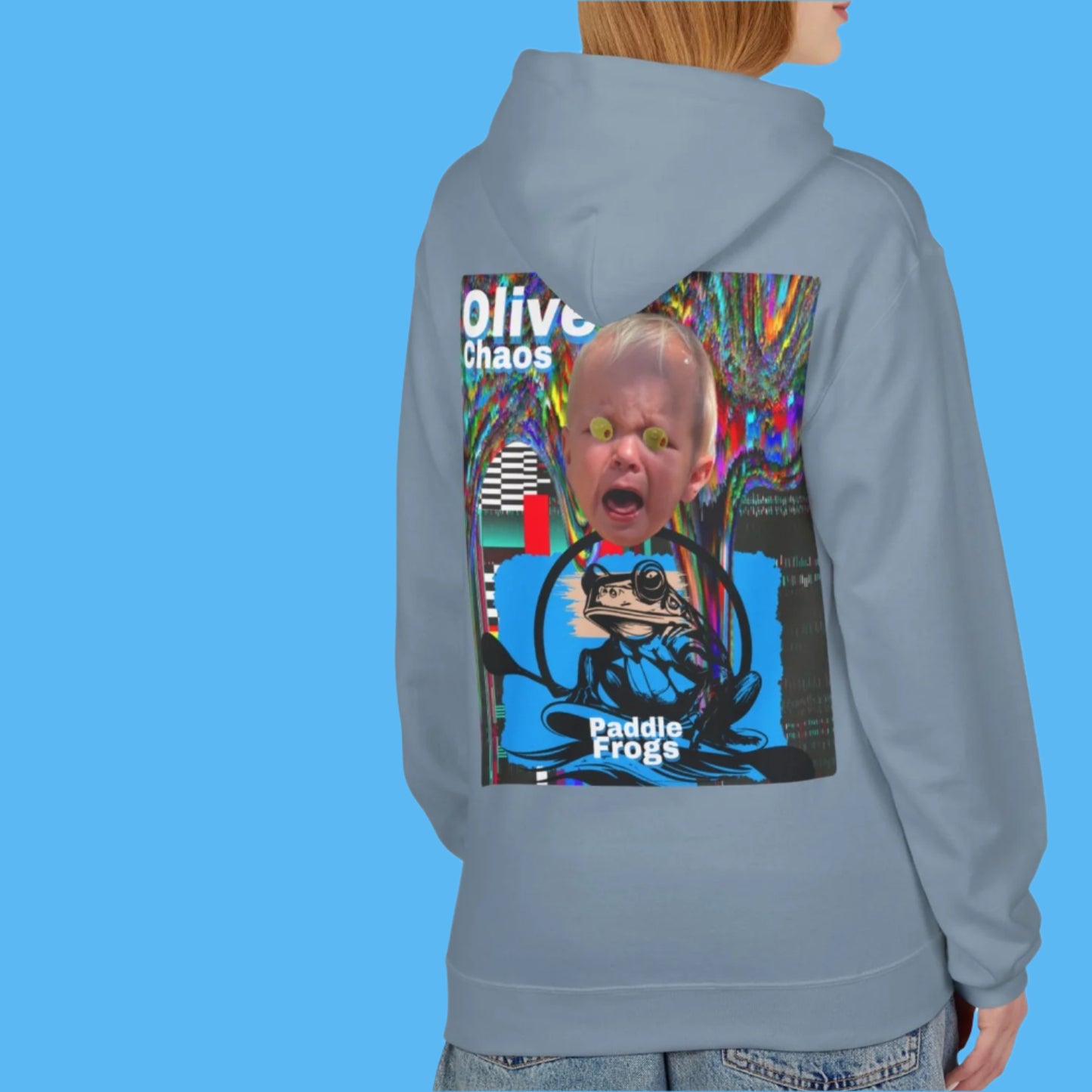 Olive Chaos Fleece Hoodie Jacket by Paddle Frogs Cozy with Pockets Cute comfortable skater Concrete Backside of coat