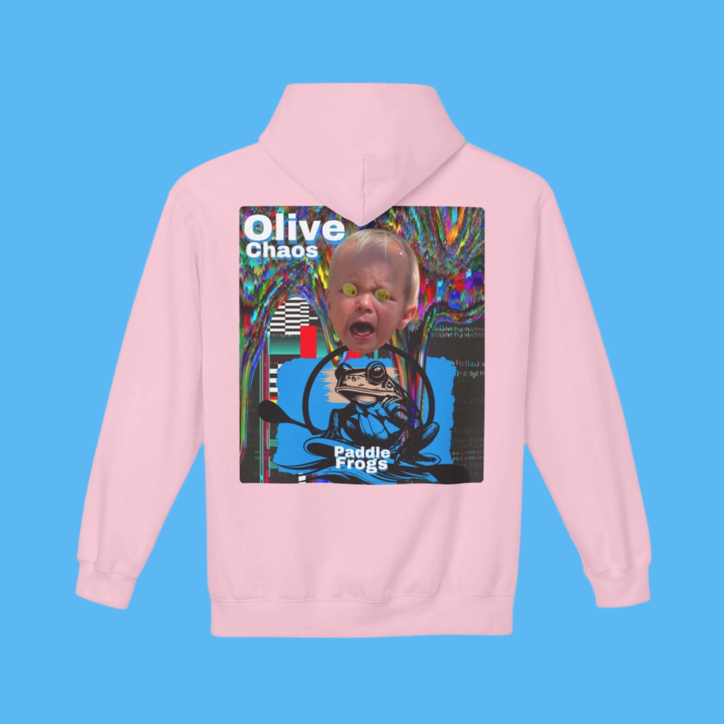 Olive Chaos Fleece Hoodie Jacket by Paddle Frogs Cozy with Pockets Cute comfortable skater Pretty Pink Backside of coat