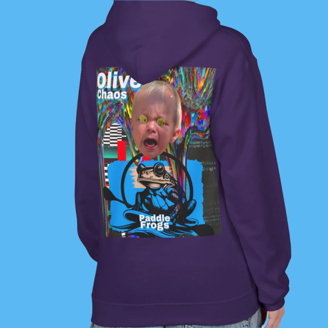 Olive Chaos Fleece Hoodie Jacket by Paddle Frogs Cozy with Pockets Cute comfortable skater Purple Backside of coat