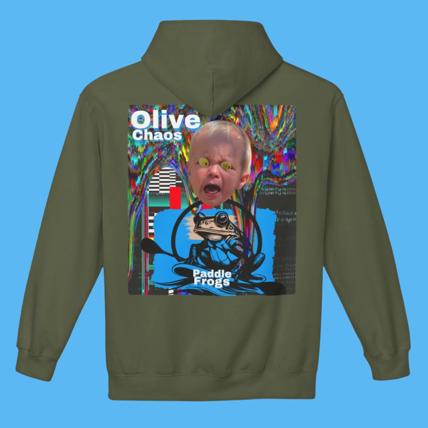 Olive Chaos Fleece Hoodie Jacket by Paddle Frogs with Pockets Color Camo Olive Green Backside