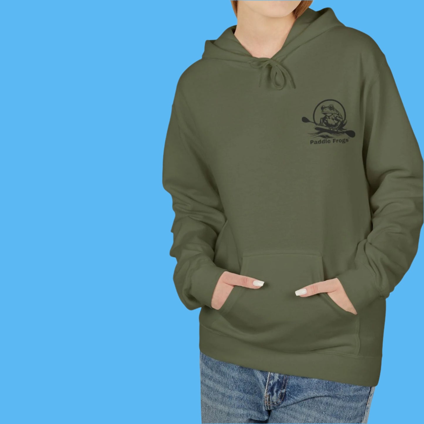 Olive Chaos Fleece Hoodie Jacket by Paddle Frogs with Pockets Color Camo Olive Green Frontside