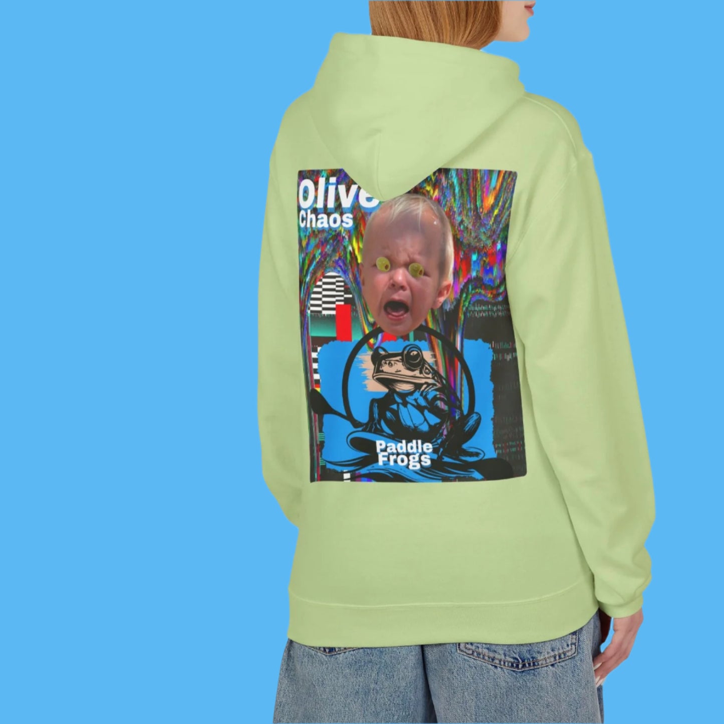 Olive Chaos Fleece Hoodie Jacket by Paddle Frogs with Pockets Color Funky Olive Green Backside