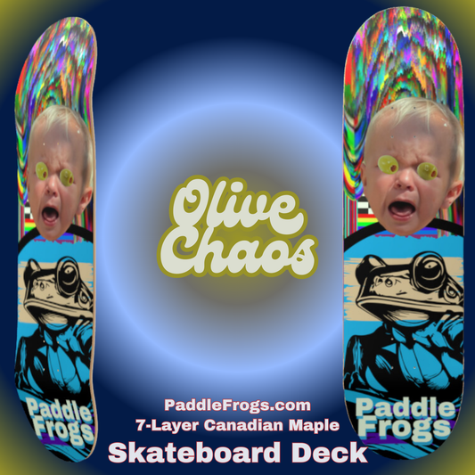 Olive Chaos Popsicle Cruiser skateboard deck The vibrant Paddle Frogs design 8.75x33in