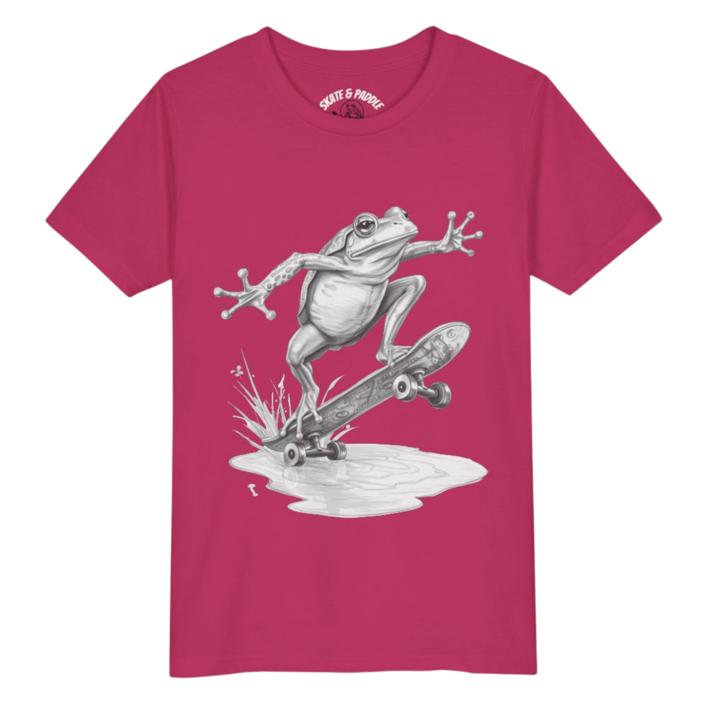 Ollie Frog: Kids/Youth Skater Tee pencil drawing and Berry colored T-Shirt