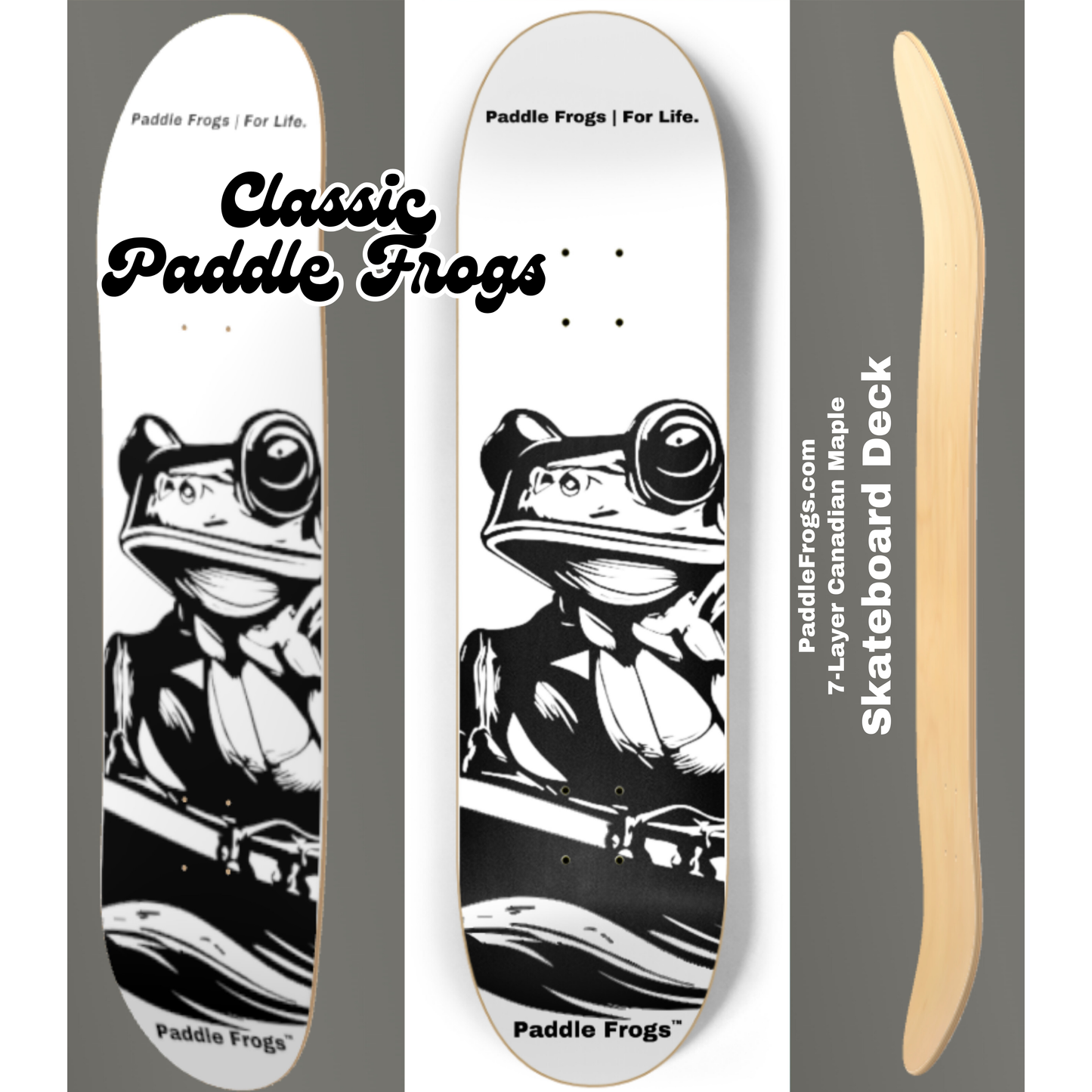 The Classic Paddle Frogs Skateboard Deck. Black on White. 7 layer Canadian maple high quality skateboards