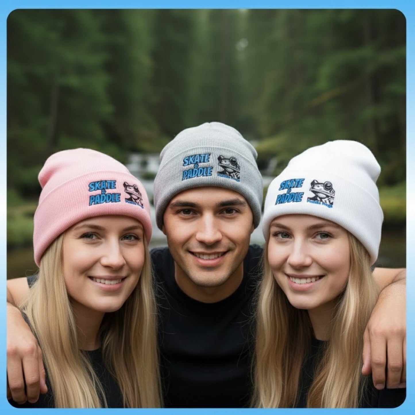 Original Skate & Paddle Beanie Cap by Paddle Frogs Outdoor Gear- selfie at the waterfall Pink, gray, white