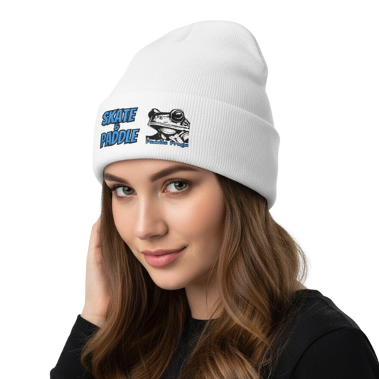 Original Skate & Paddle Beanie Cap by Paddle Frogs Woman wearing a white beanie with a logo and text on a white background