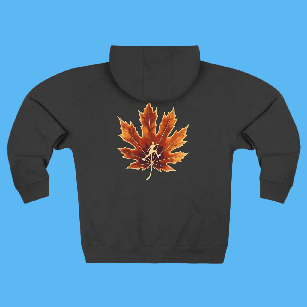 Paddle Frogs Ice Skate on Autumn Trail Black edition 2025 hoodie with a maple leaf design on the back against a white background