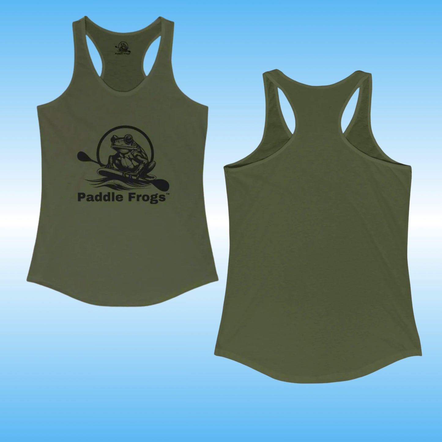 Paddle Frogs Ladies racer back tank top summer clothing in Military Green backside