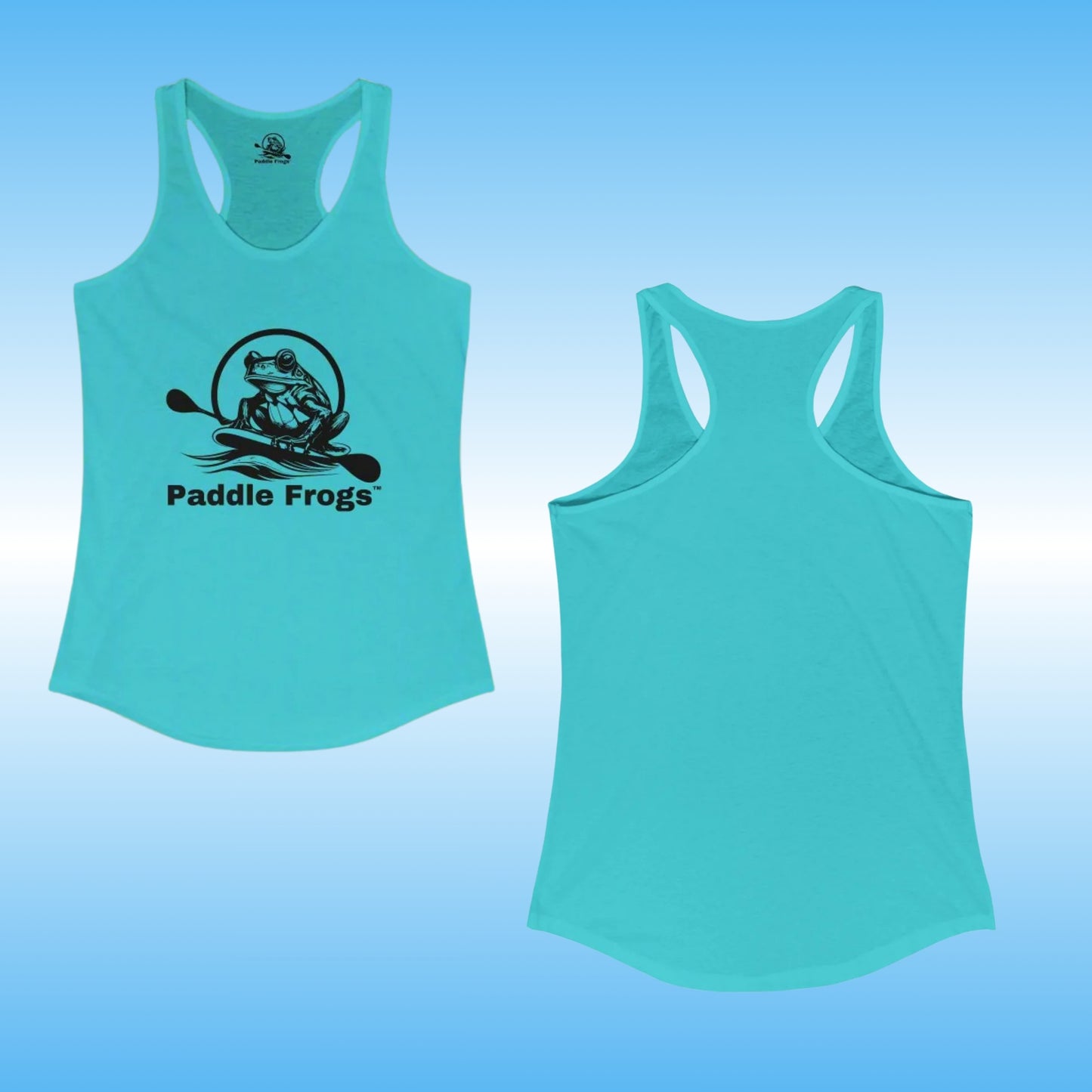 Paddle Frogs Ladies racer back tank top summer clothing in Tahiti Blue backside