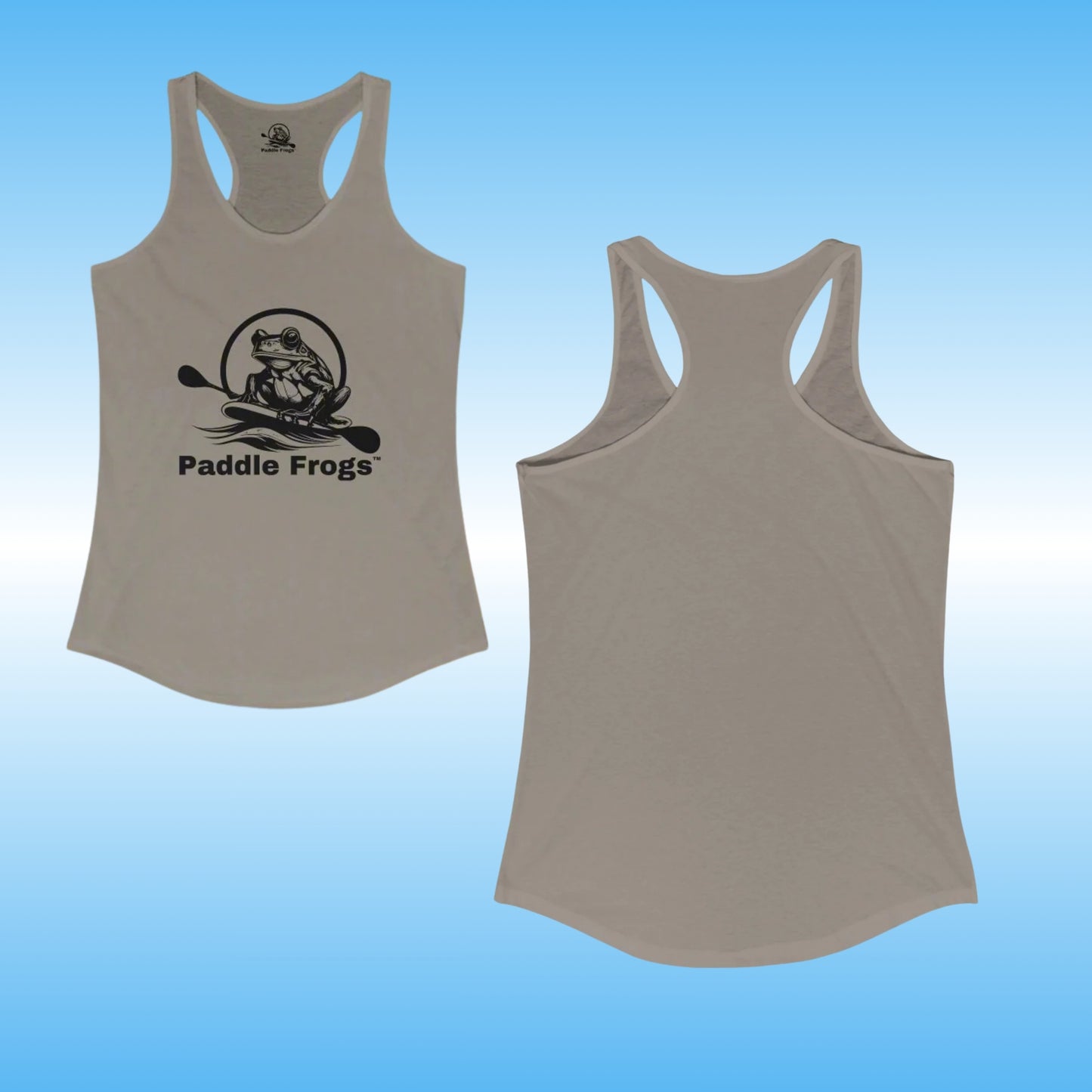 Paddle Frogs Ladies racer back tank top summer clothing in Warm Gray backside