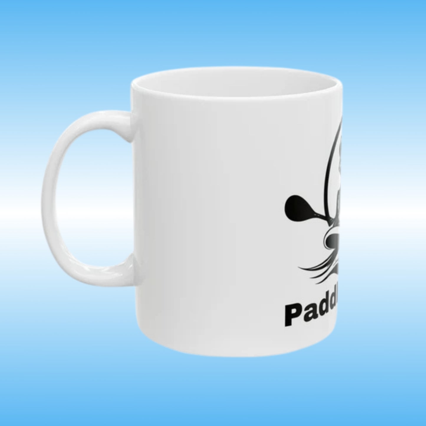 Paddle Frogs MUG White with black frog on a paddle board Left side angle