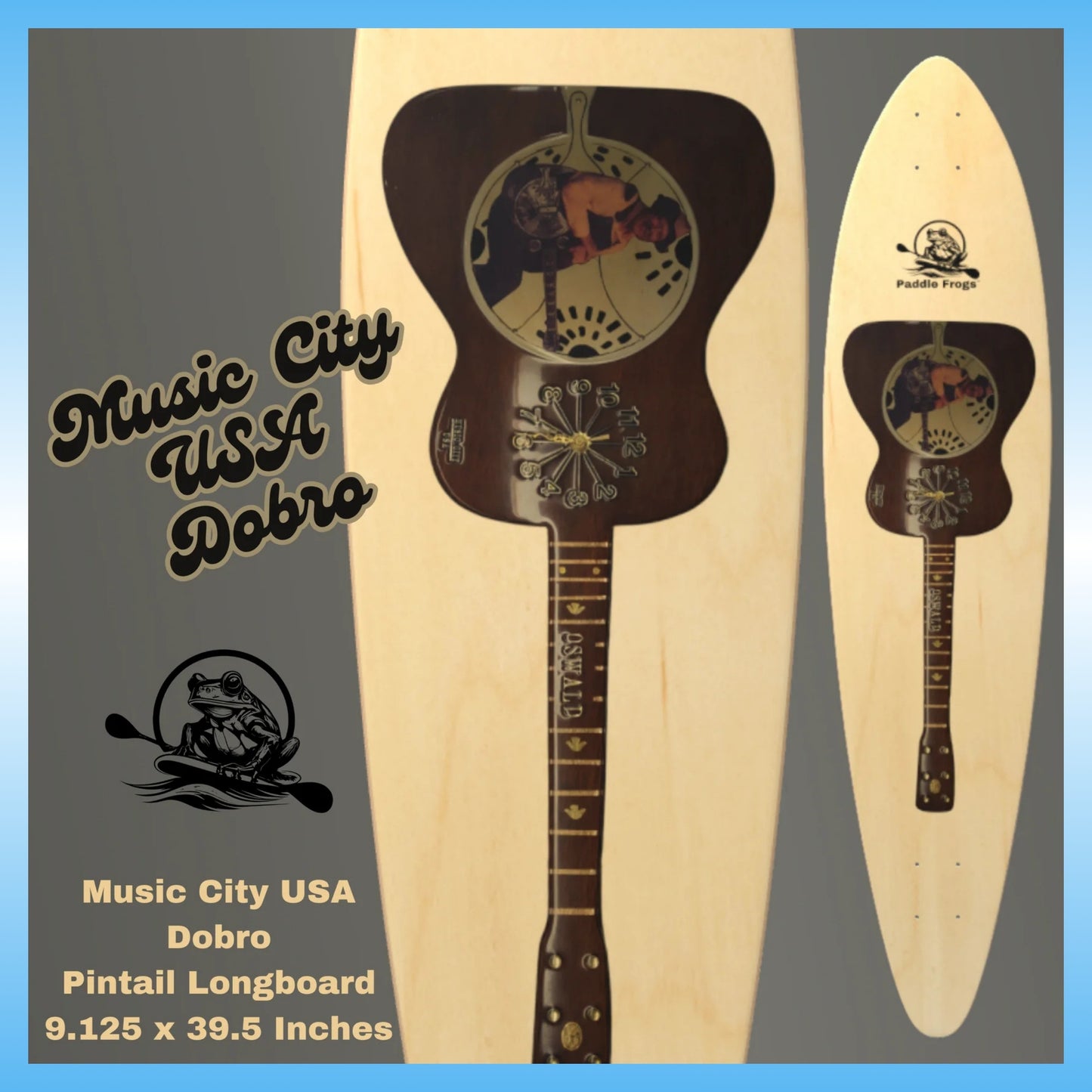 Paddle Frogs Pintail skateboard Music City USA Dobro | Music City USA Dobro Pintail Longboard with branding and dimensions on a gray and blue gradient background.