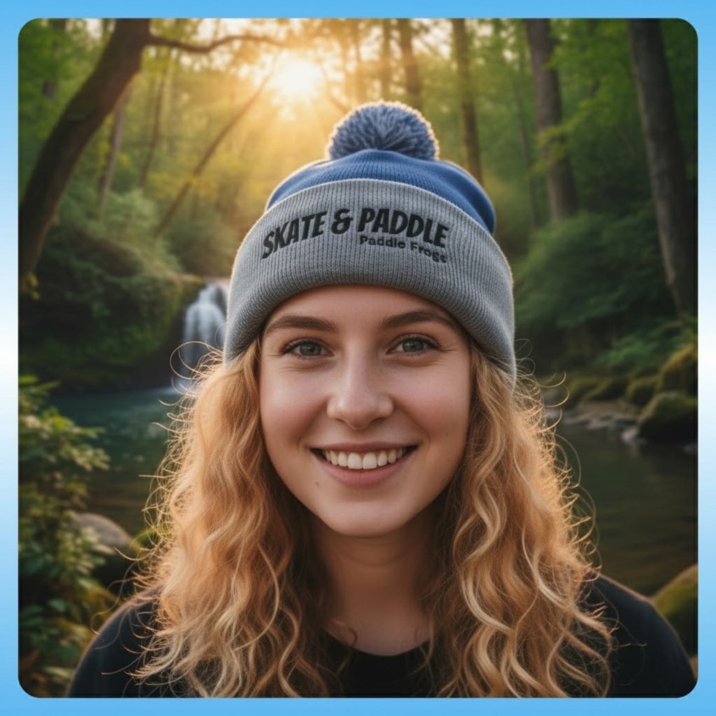 Paddle Frogs Skate & Paddle - The Summit & Surf Beanie: A Paddle Frogs Anthem at the waterfall in a forest setting with sunlight filtering through the trees.