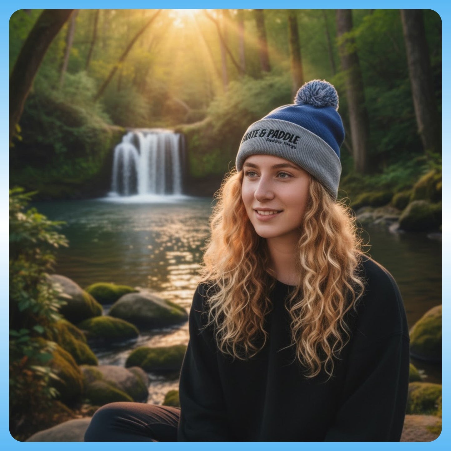Paddle Frogs Skate & Paddle - The Summit & Surf Beanie: A Paddle Frogs Anthem at the waterfall relaxing blue and grey hat