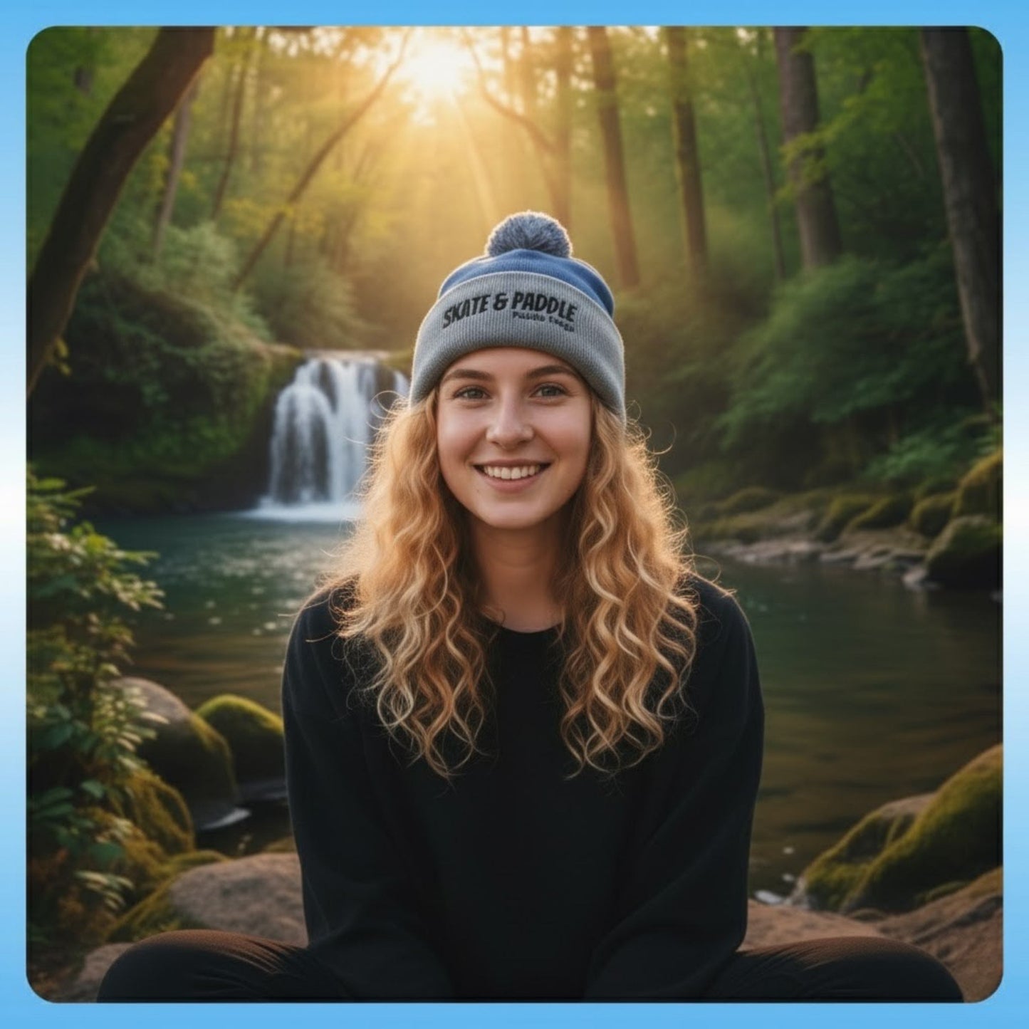 Paddle Frogs Skate & Paddle - The Summit & Surf Beanie: A Paddle Frogs Anthem at the waterfall relaxing in her blue and gray beanie