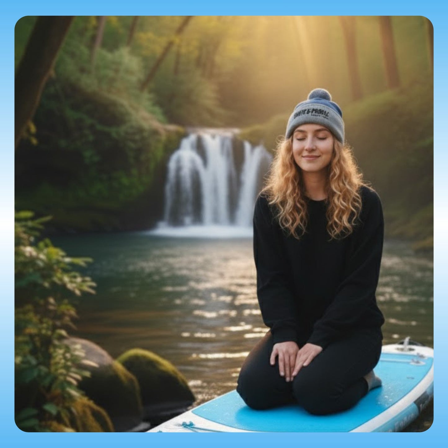 Paddle Frogs Skate & Paddle - The Summit & Surf Beanie: A Paddle Frogs Anthem at the waterfall relaxing in her blue and gray beanie eyes closed meditating with nature on a paddle board