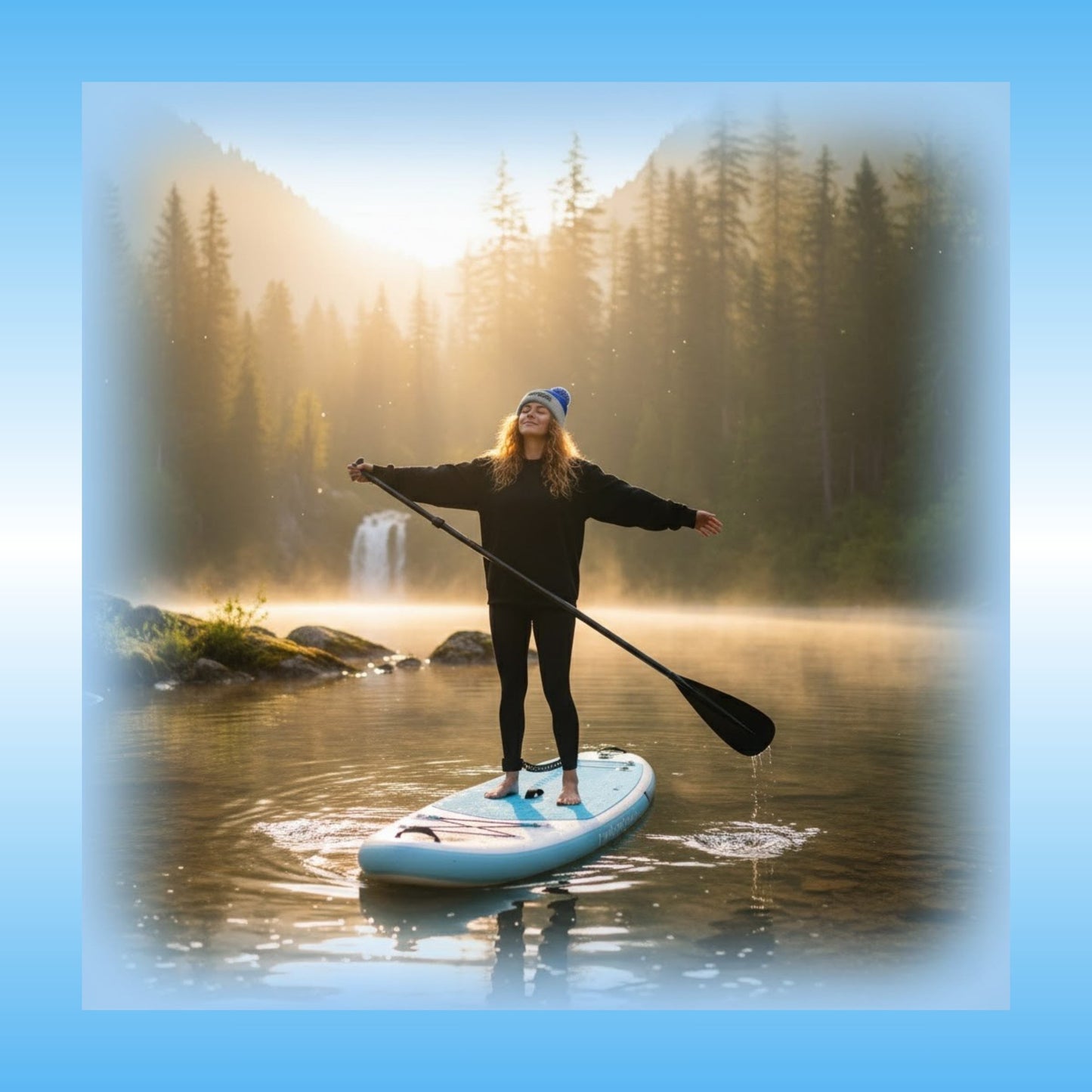 Paddle Frogs Skate & Paddle pom pom beanie - The Summit & Surf Beanie: A Paddle Frogs Anthem at the waterfall relaxing in her blue and gray beanie eyes closed meditating with nature on a paddle board Person paddleboarding on a lake with a scenic background of trees and mountains.