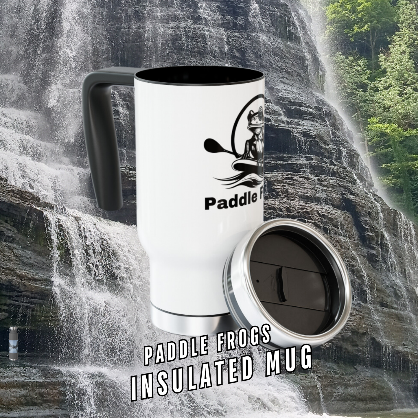 Burgess Falls Waterfall with Paddle Frogs insulated travel mug (black and white) Durable Construction: Made from high-quality stainless steel with a glossy white enamel finish for a sleek and stylish look.
Spill-Proof Design: The snap on lid ensures your drinks stay secure, no matter how active you get.
Perfect Size: The 14 oz