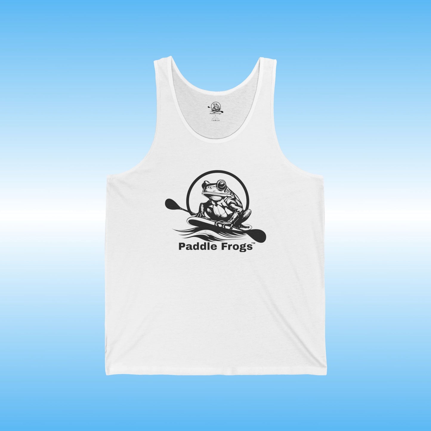 Paddle Frogs men's White tank top with 'Paddle Frogs' logo on a blue background