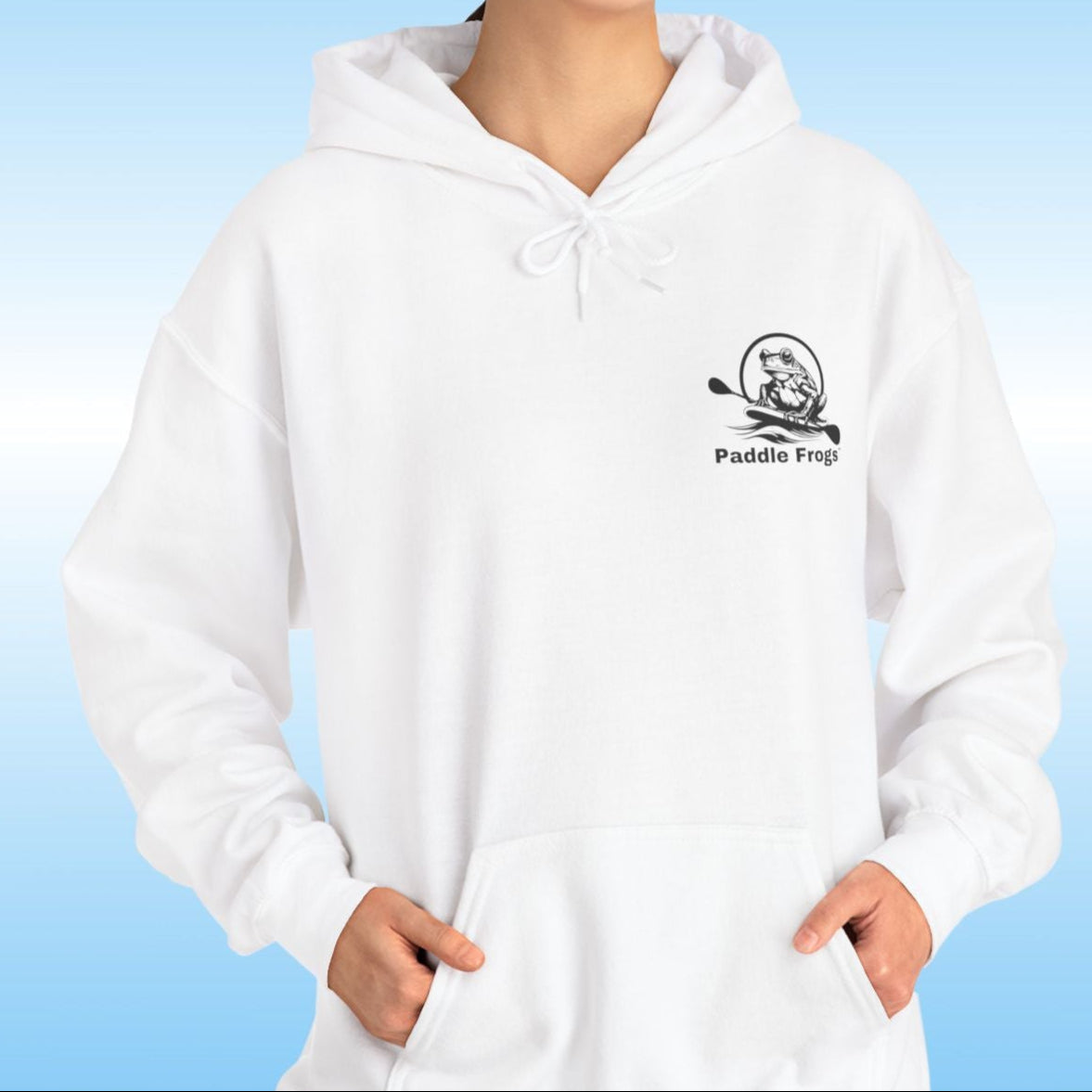 Paddle Frogs original Hoodie in multiple colors Person wearing a white hoodie with a logo on a blue background