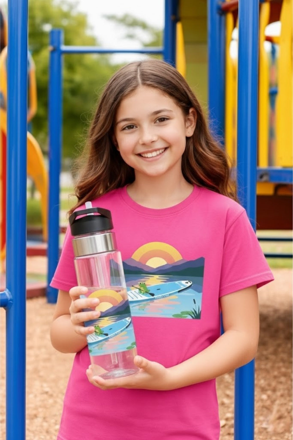 Girl holding a crystal clear BPA Free water bottle with a paddleboarding frog on a playground