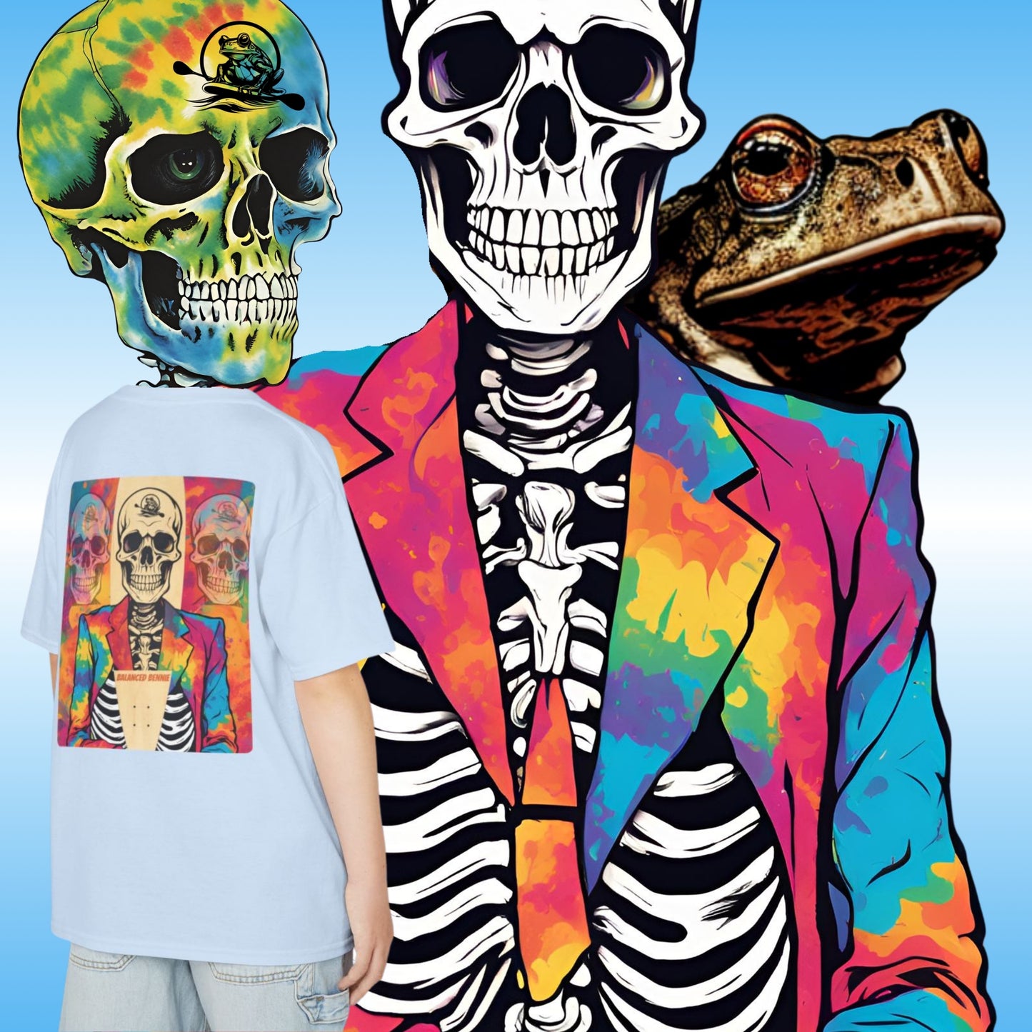 Person wearing a colorful Balanced Bennie skeleton T-Shirt with a skull, frog, and tie-dye elements on a blue background.