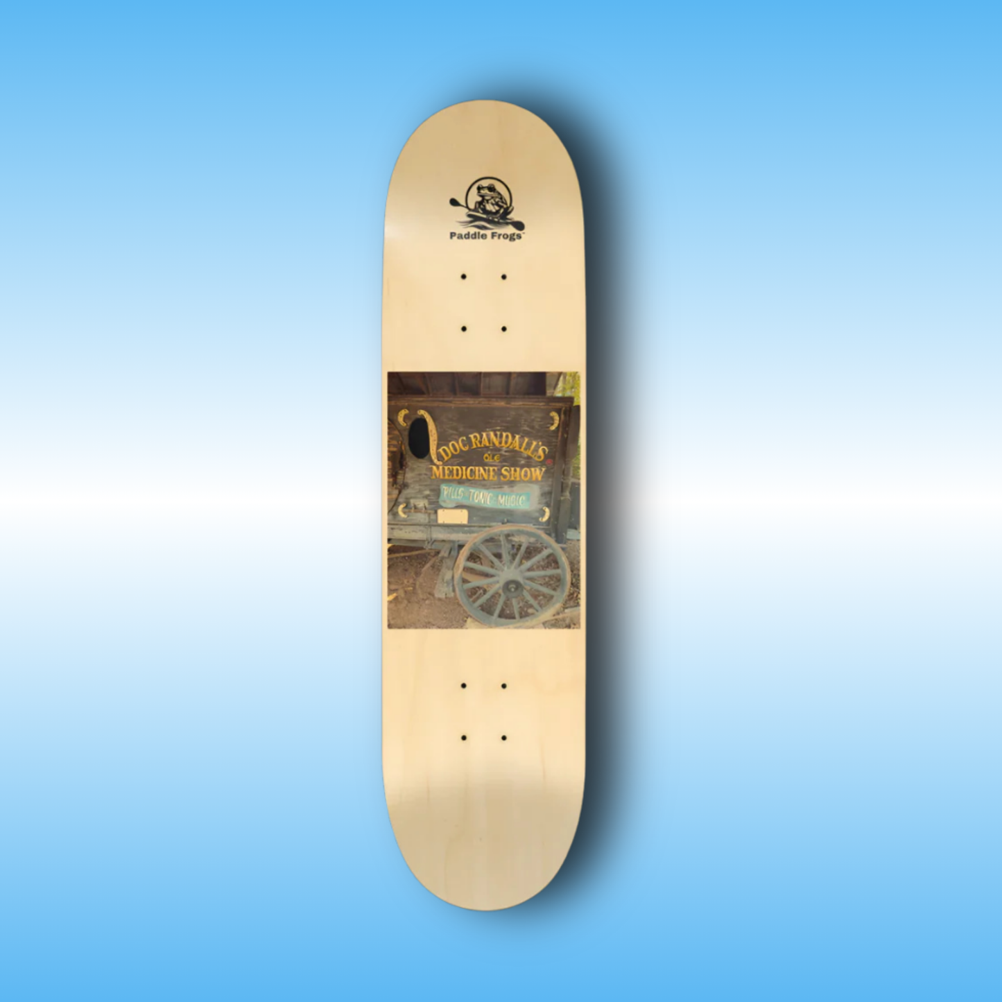 Pills Tonic Music | Skateboard deck with a vintage circus design on a blue background | Doc Randall's ol' Medicine Show