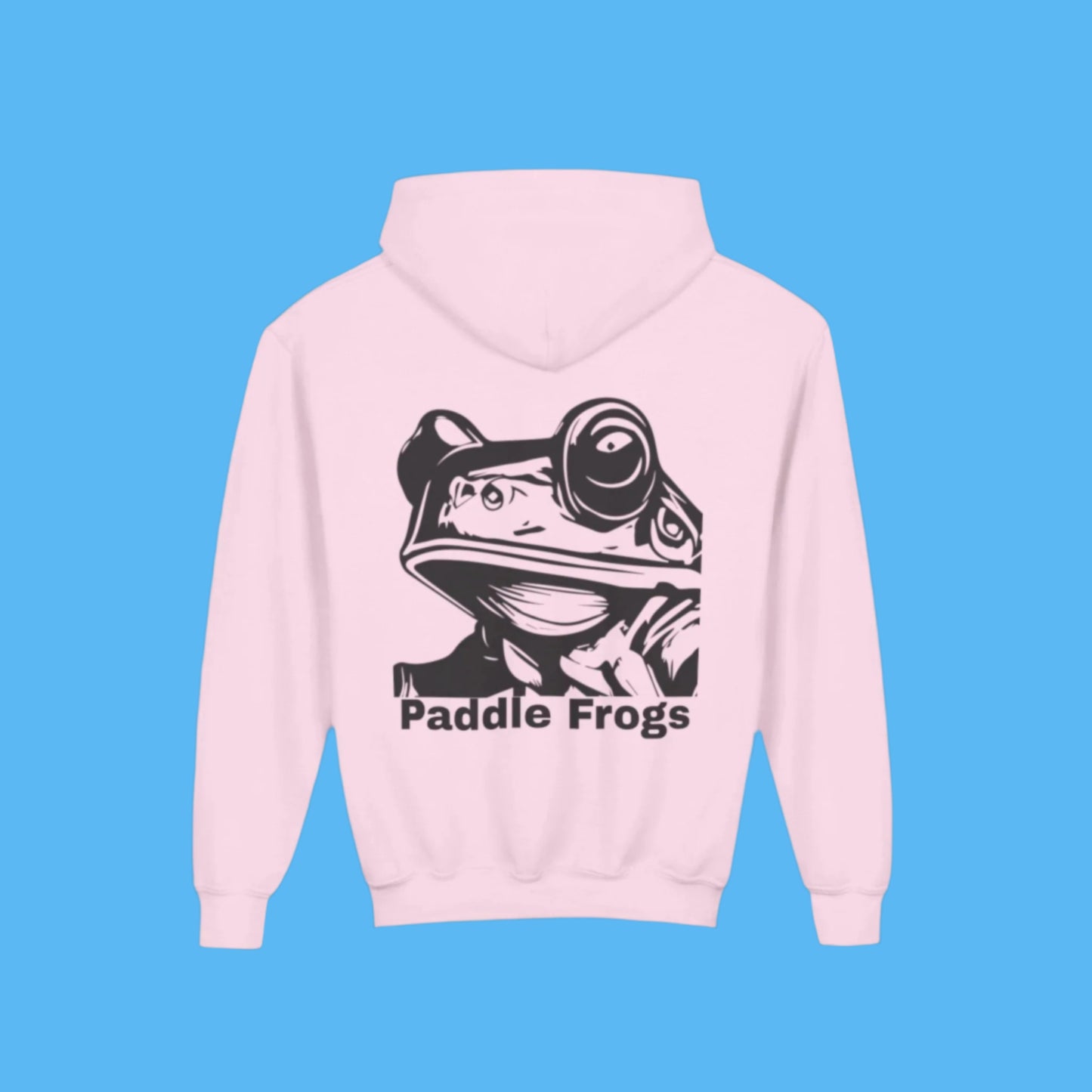 Pink Youth size hoodie with a graphic of Paddle Frogs frog
