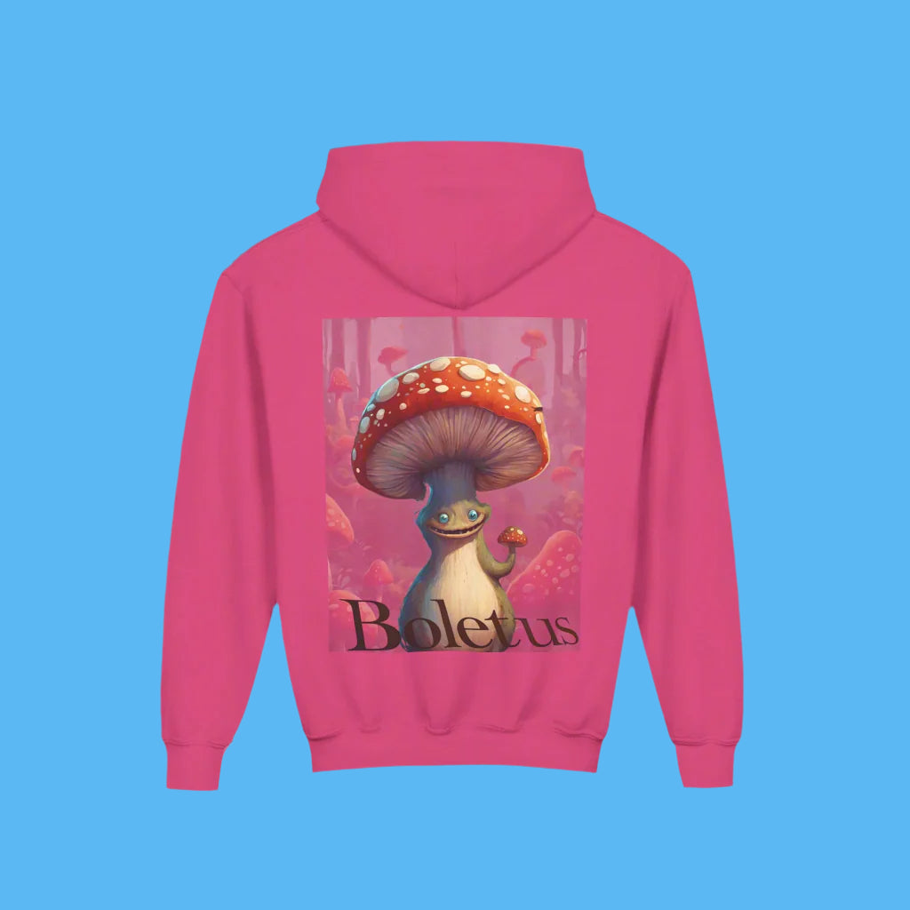 Pink hoodie with a Boletus the Paddle Frogs character - mushroom design on the back, Cozy kids sweatshirt with pockets
