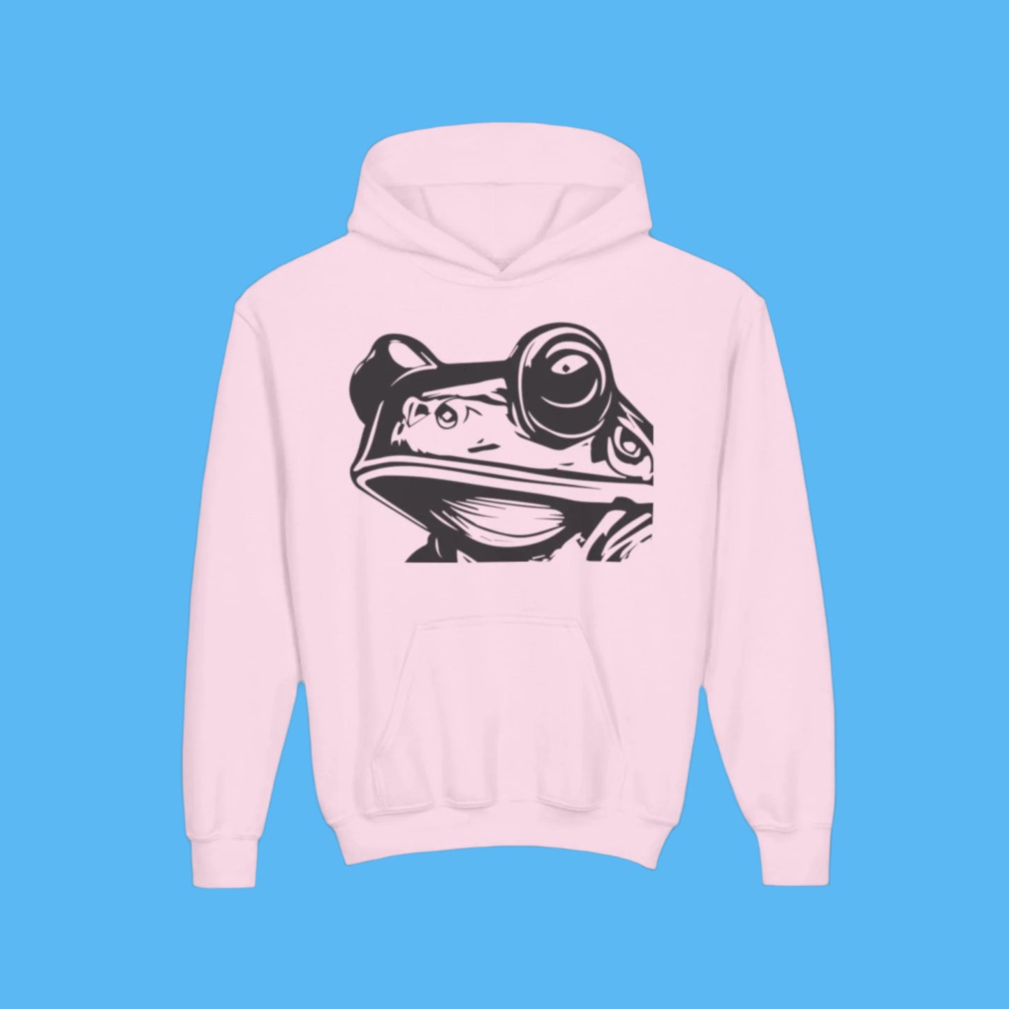 Pink kids hoodie with a black Paddle Frogs frog face graphic on a youth hooded jacket with kangaroo pockets