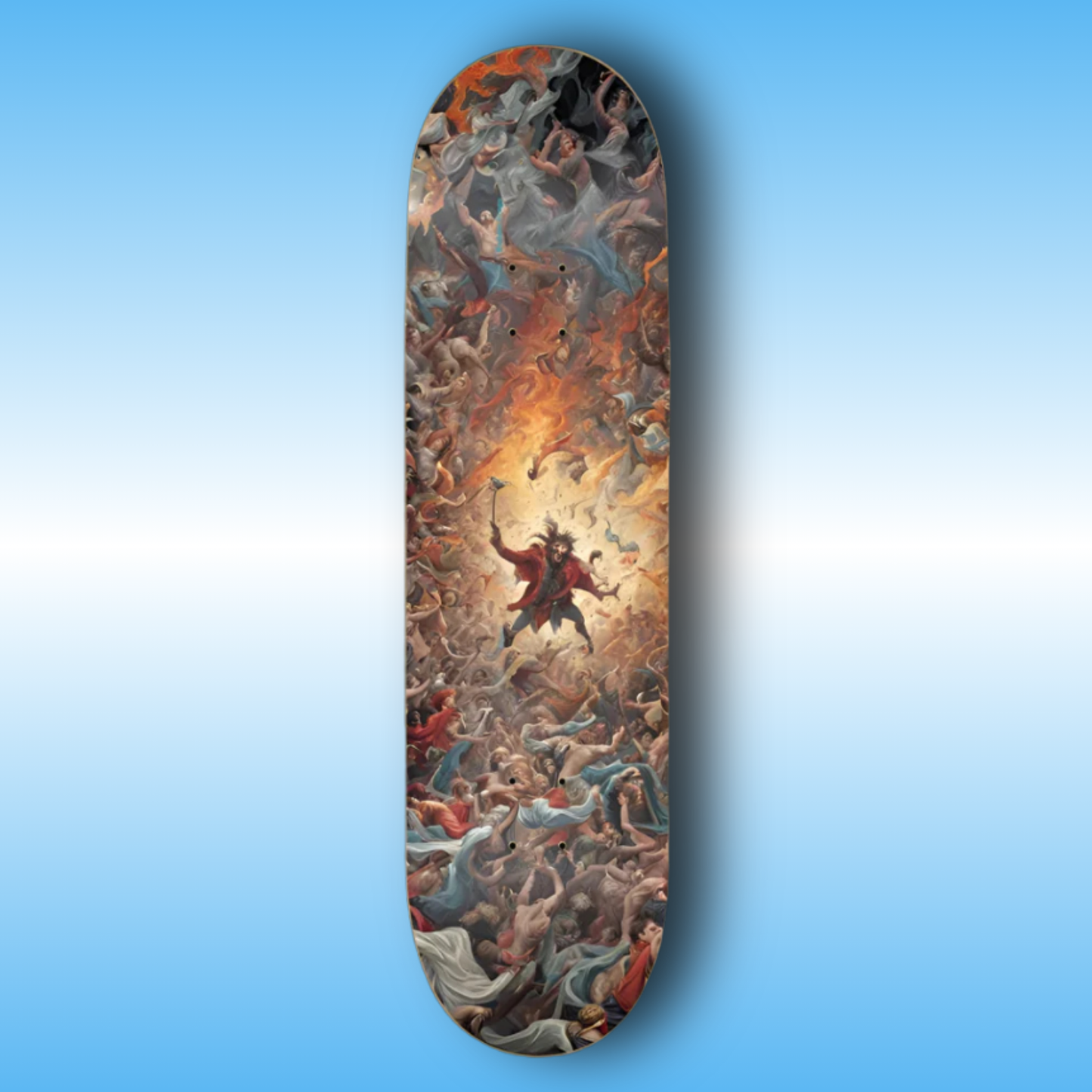 Politico-Jesterphile - Paddle Frogs - Professional 7 Layer Maple Decks | Skateboard deck with a vibrant design of a person in a red outfit against a fiery background on a blue gradient background.