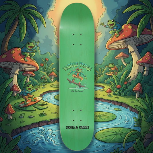Ride The Current 7.5 Green Skateboard deck by Paddle Frogs™ Skate & Paddle cartoon mushroom forest