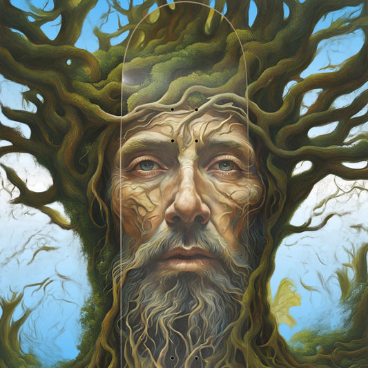 Roots | Paddle Frogs pro skateboard deck an Artistic depiction of a bearded figure with tree-like hair against a blue sky.