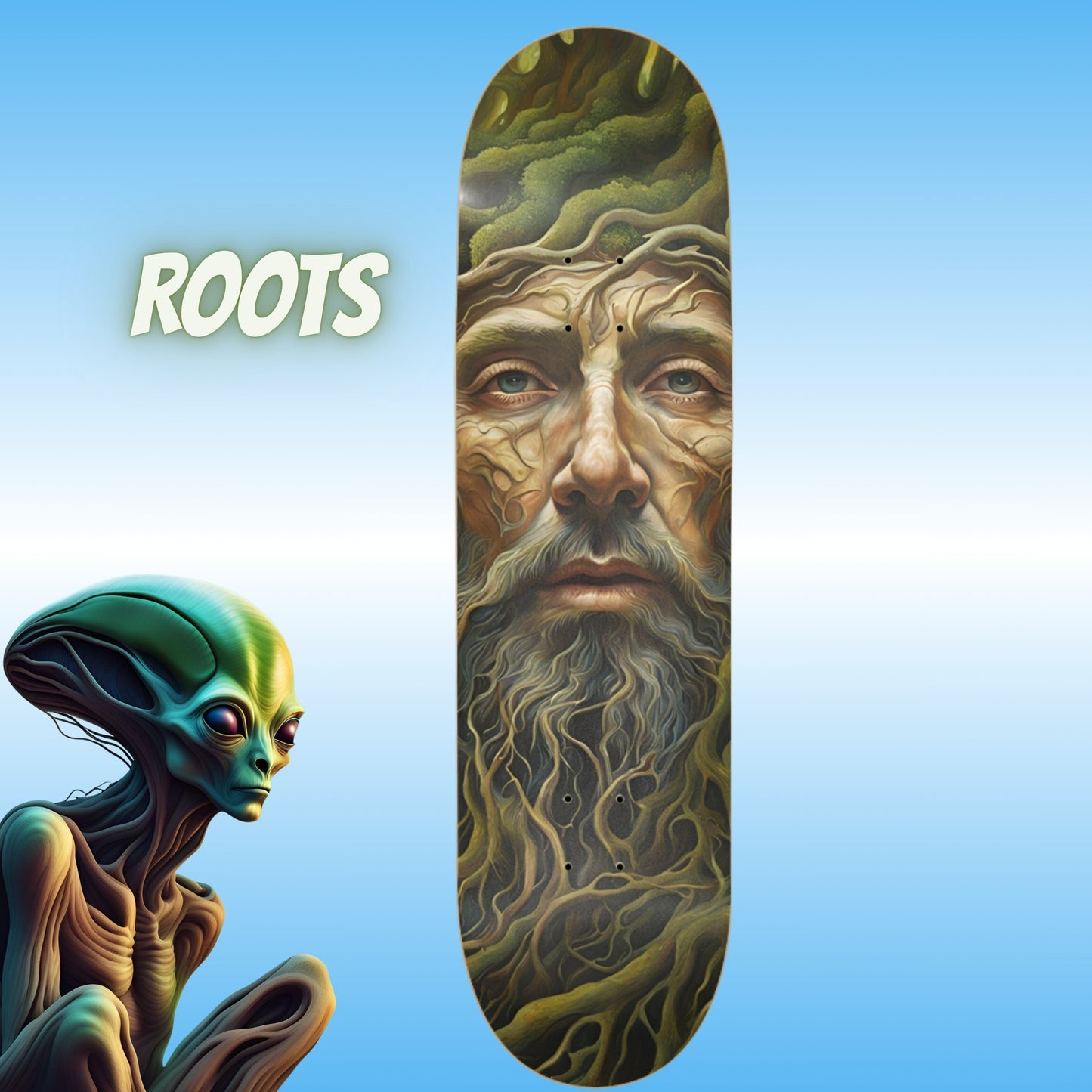 Roots | Paddle Frogs pro skateboard deck with an alien looking on with a face design and an alien figure on a blue background, featuring the word 'ROOTS'.