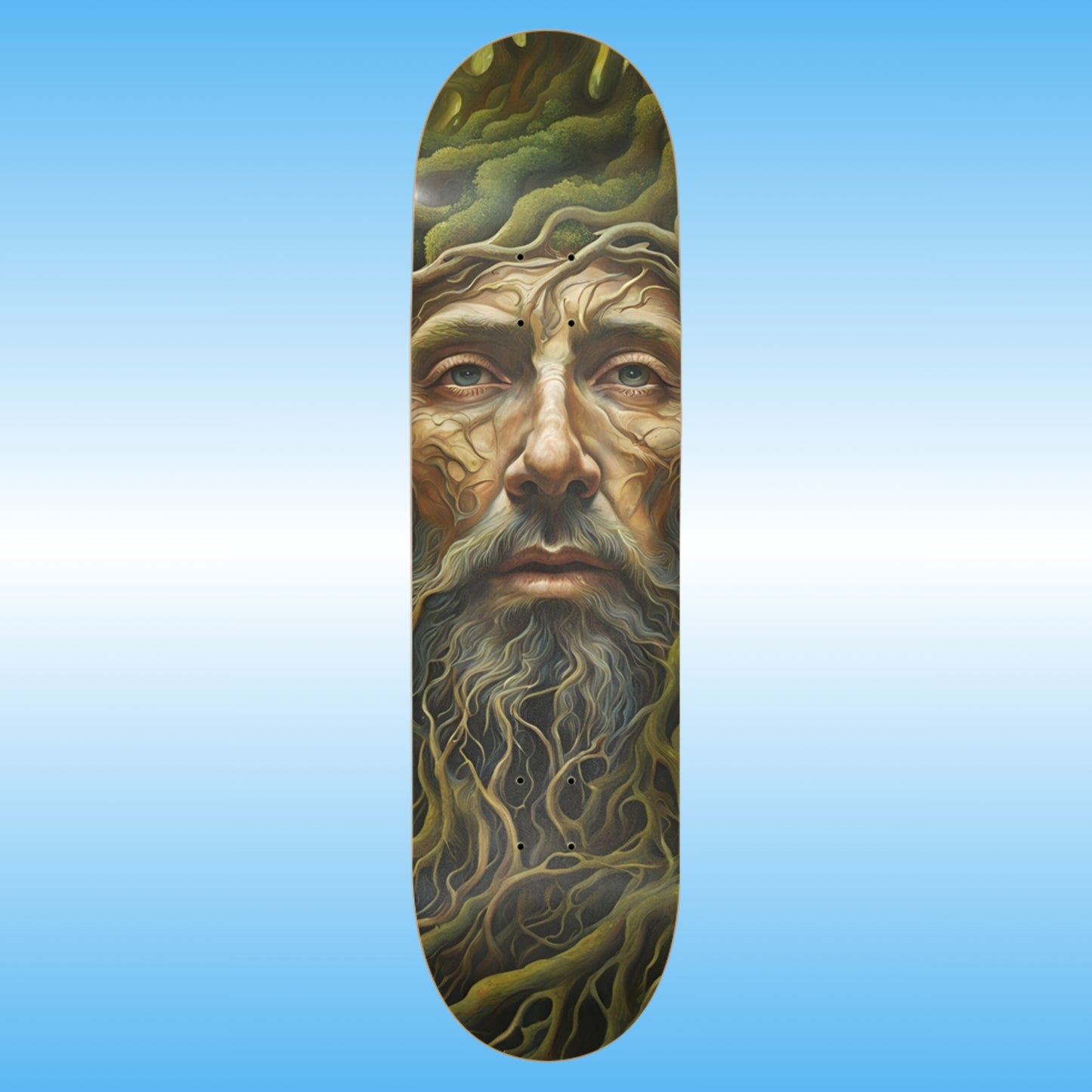 Roots popsicle stick skateboard deck by Paddle Frogs | Artwork | Skateboard deck with a detailed portrait of an elderly man on a blue gradient background
