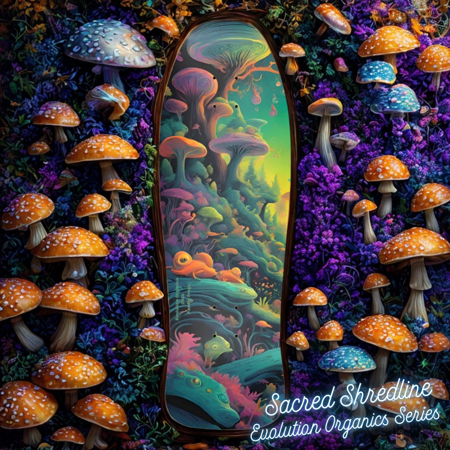 Sacred Shredline - Paddle Frogs - Evolution Organics Series - Mushroom background