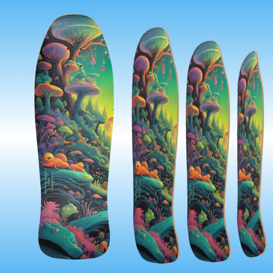 Sacred Shredline | Paddle Frogs Pro Deck | Professional skateboard deck by Paddle Frogs | Bottom of the Classic old-school Shredder skater shape deck angled to show curve