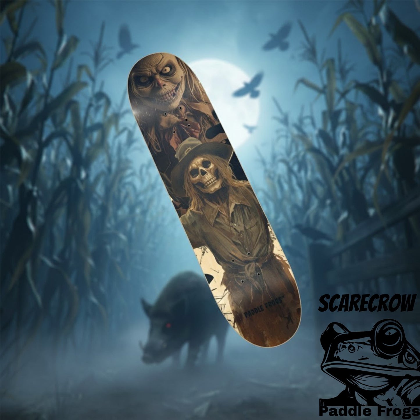 Skateboard deck with scarecrow design in a cornfield at night