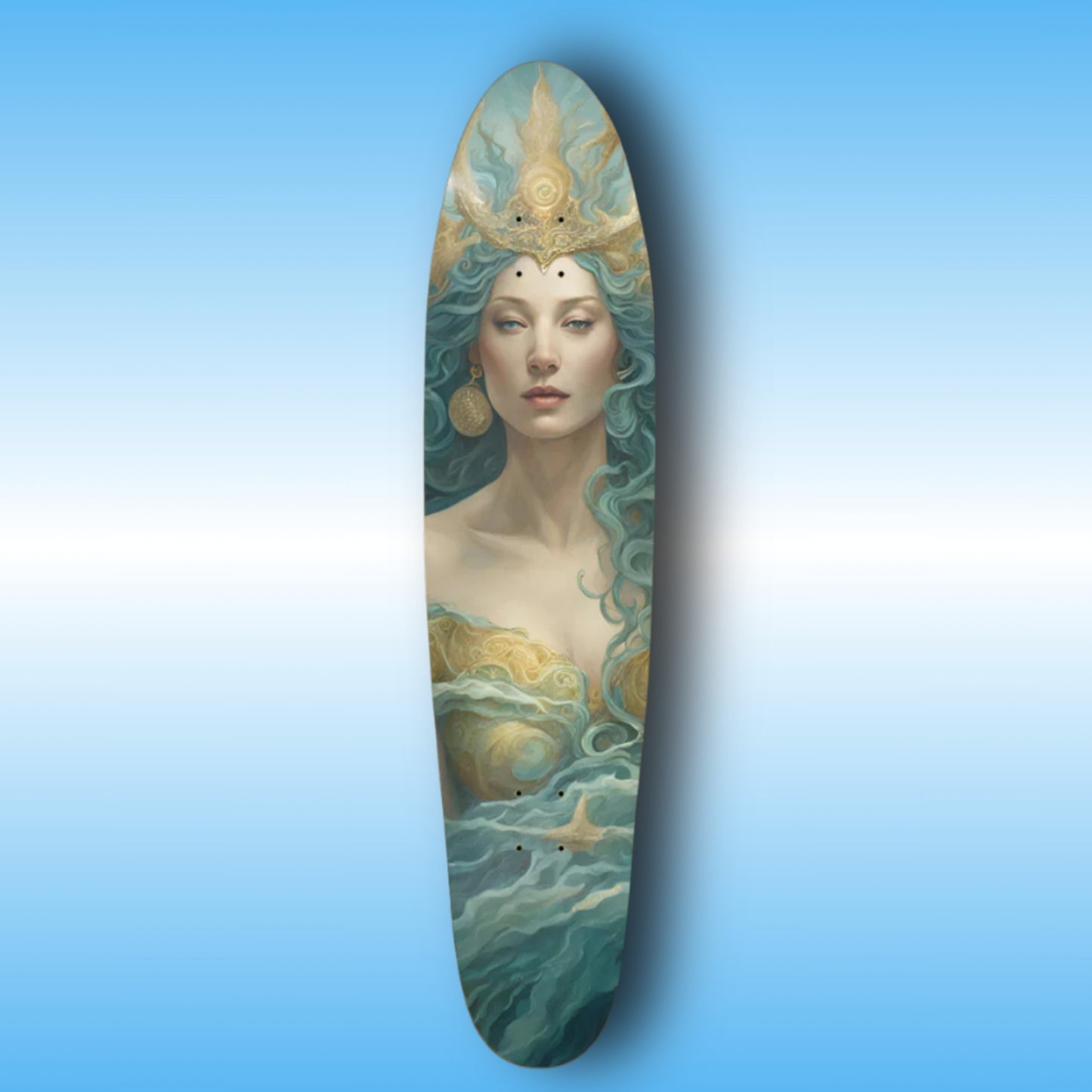 Sea Queen - Paddle Frogs Longboard Skateboard deck with artistic design of a woman with long hair and a serene expression on a blue gradient background.