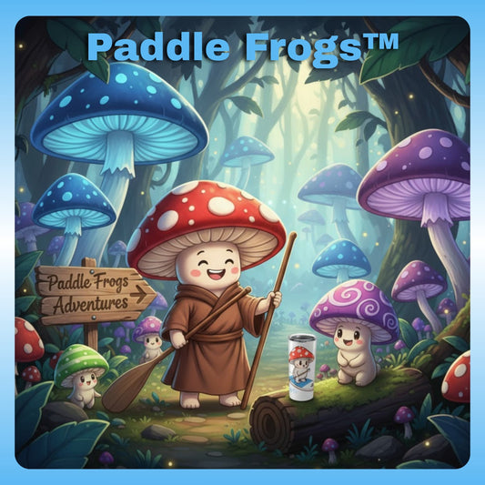 Shiro rides the Divine Escape 20oz Stainless Steel Tumbler Mushroom Forest | Paddle Frogs - Illustration of a character with a mushroom hat in a forest with colorful mushrooms and 'Paddle Frogs' branding.