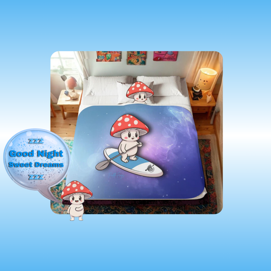 Shiro rides the Divine Escape paddle board large | Shiro goes to bed | Shiro says zzz Good night Sweet Dreams zzz | Bedding set with cartoon character on a paddle board and mushrooms, featuring 'Good Night Sweet Dreams' text.