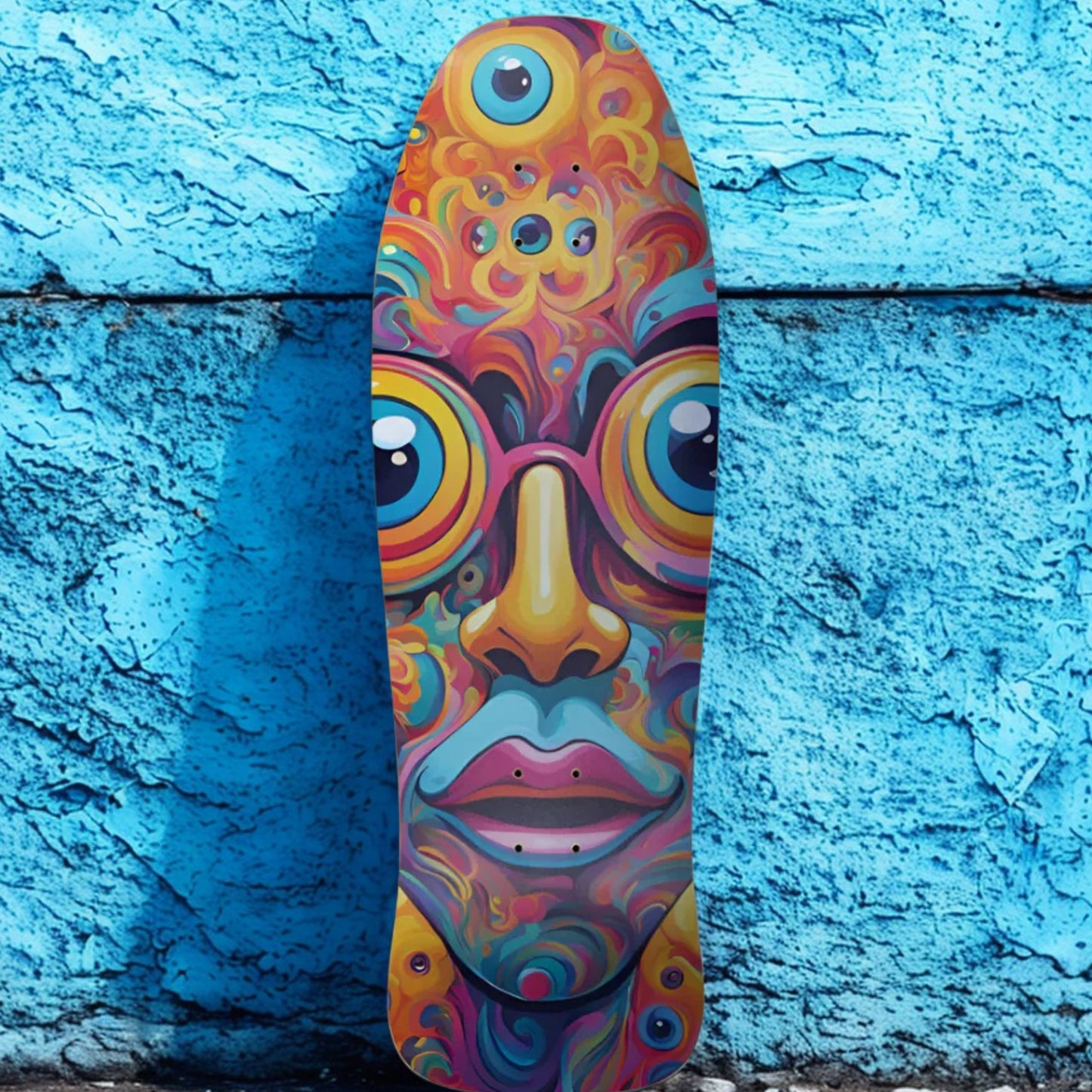 Sight Seeing - Paddle Frogs - Classic Thrasher skateboard - blue block background | Colorful psychedelic skateboard deck against a blue textured wall