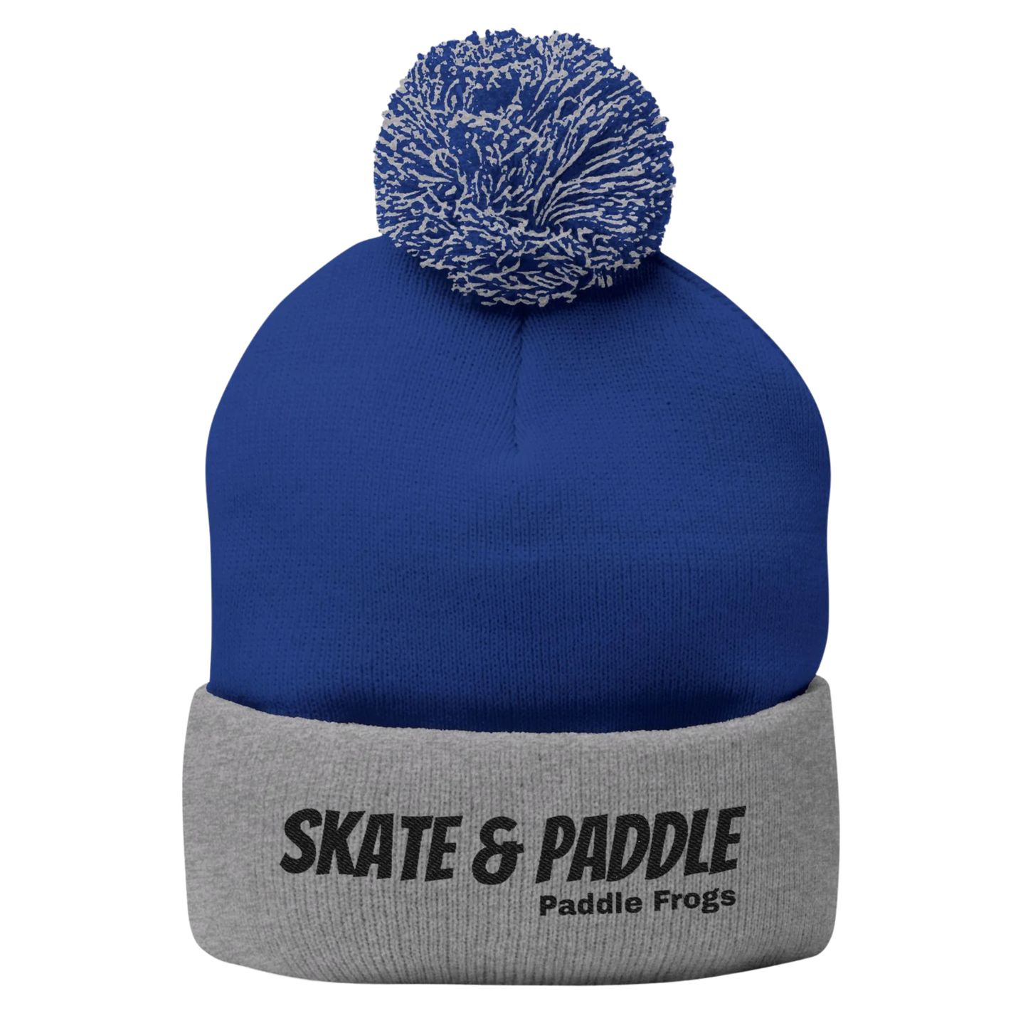 Skate & Paddle Blue & Gray winter beanie hat with pom pom ball on top