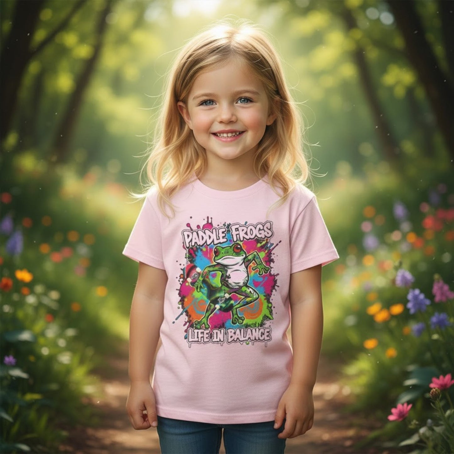 A smiling 7-year-old blond girl wearing the light pink Paddle Frogs kids' tee in a flower garden. Soft cotton t-shirt for girls featuring a vibrant "Life in Balance" skater frog design.