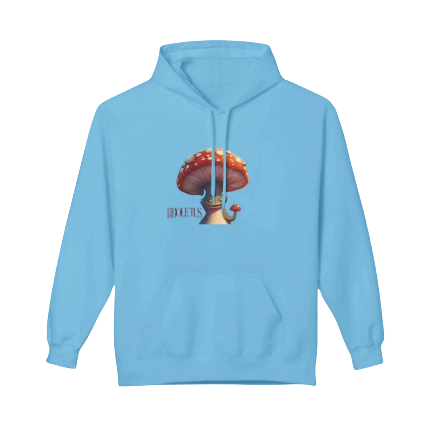 Sky Blue | Boletus | Fleece Pullover Hoodie Eco-Friendly & Cozy | Paddle Frogs™ with a mushroom graphic on a white background