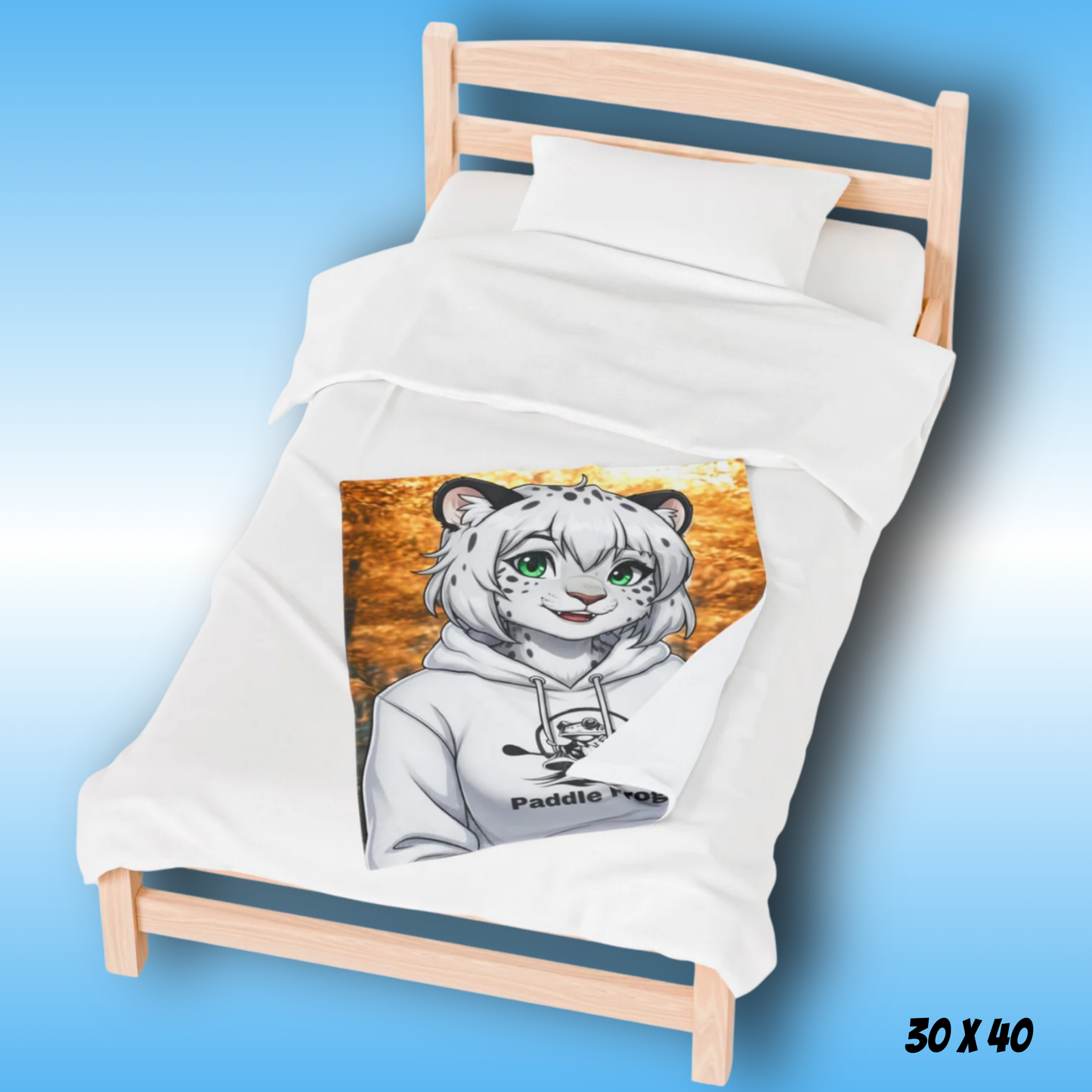 Snow the snow leopard plush velveteen blanket by Paddle Frogs 30x40 on a twin bed