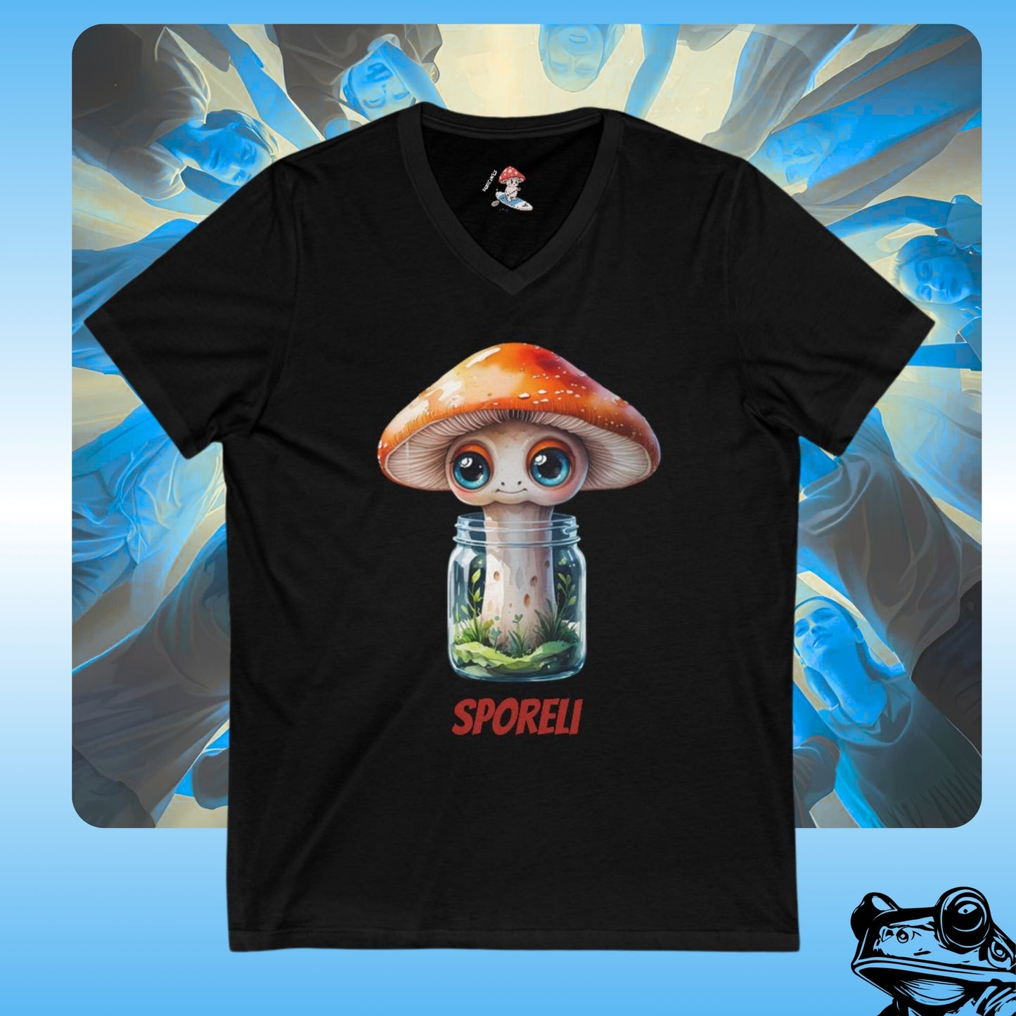 Sporeli - Ladies V-Neck pretty Black Shirt (mushroom in a jar) by Paddle Frogs | Black t-shirt with a mushroom design and 'SPORELI' text on a blue and gray abstract background